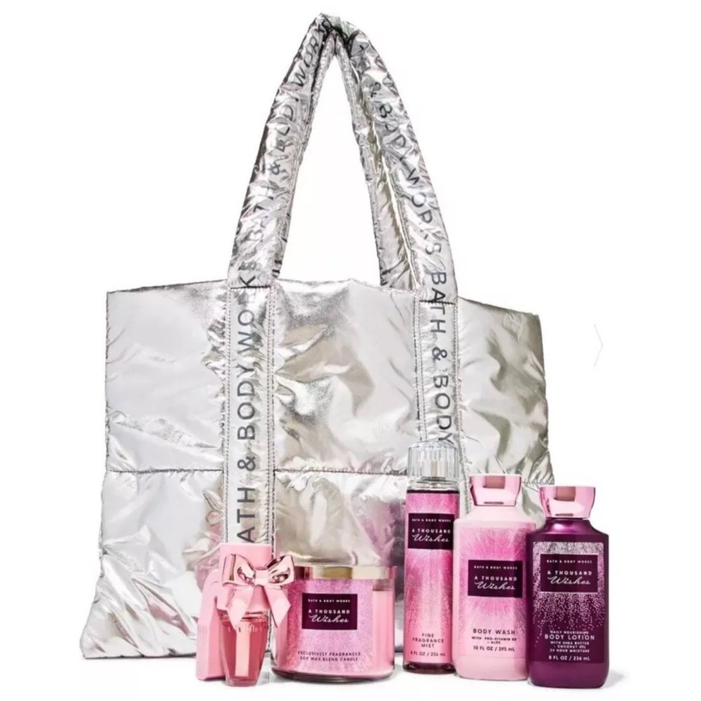 Bath and body works a thousands wishes gift wishes gift set and puffy tote bag